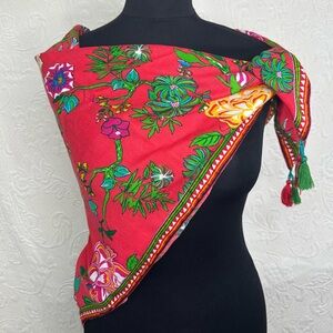 Max Tropical Red Tropical Floral Birds Corner Tassel Scarf